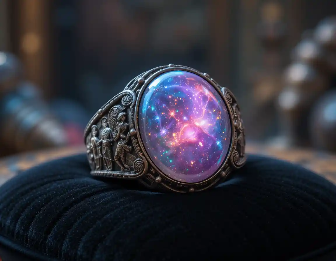 Verzierter gravierter Ring mit kosmischem Edelstein auf Samtkissen