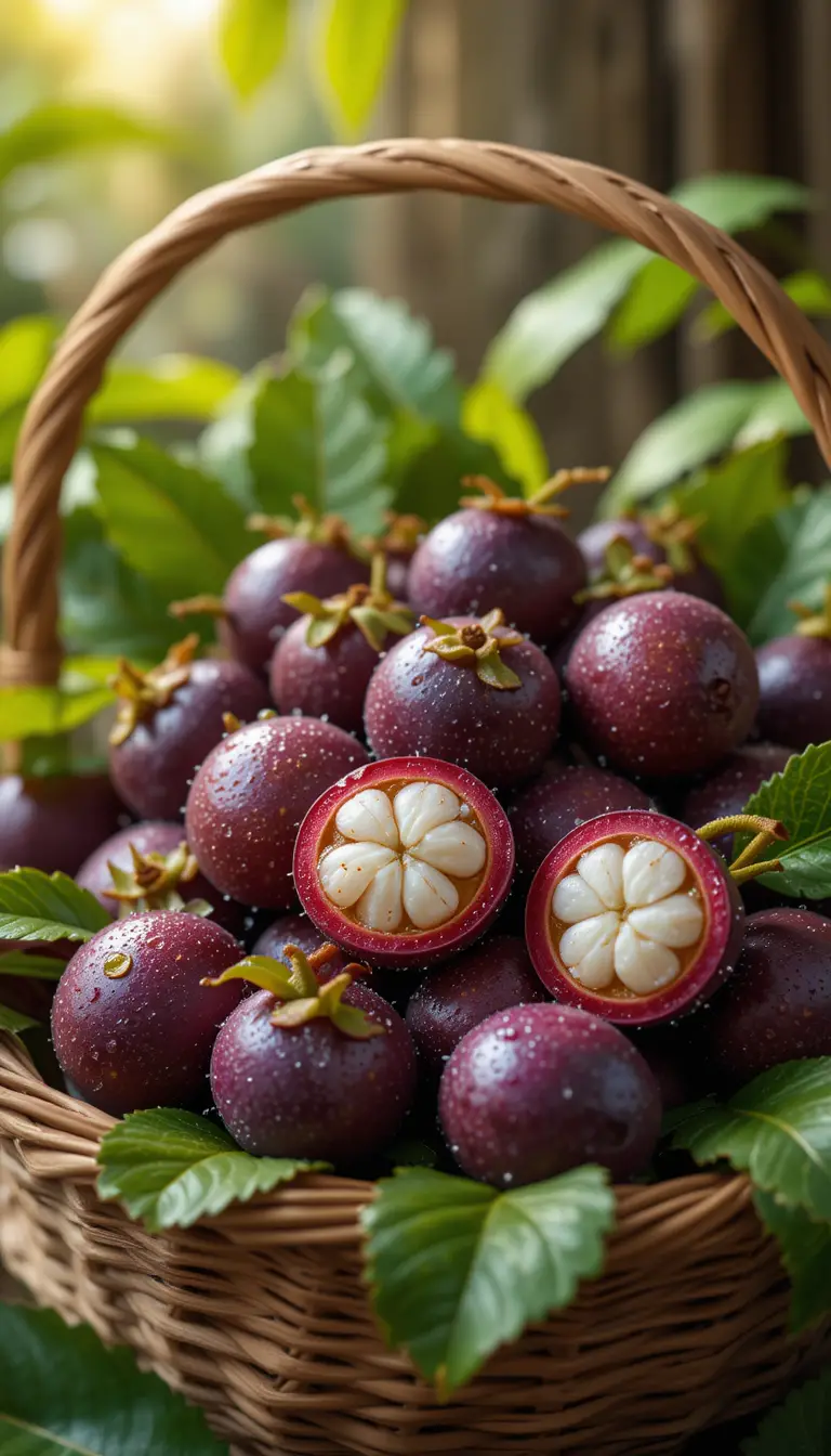 Cesto di mangostani maturi con sfondo rustico in legno