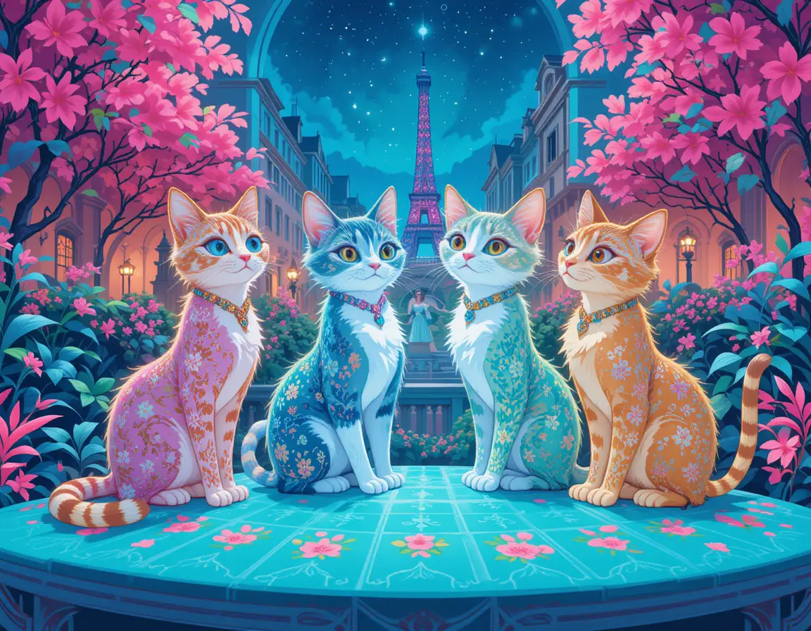 Illustration colorée de chats aristocrates dans un style urbain néon parisien
