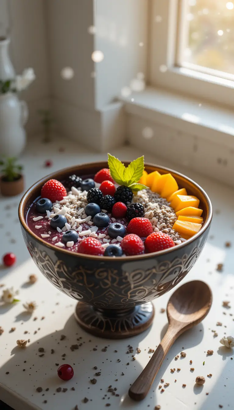 Bol de smoothie coloré aux fruits rouges sur le plan de travail de la cuisine