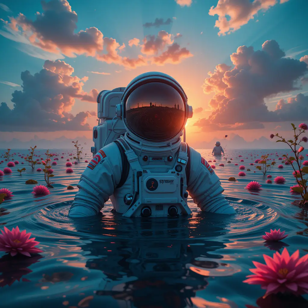 Astronaut Rising From Water At Sunset With Floating Flowers