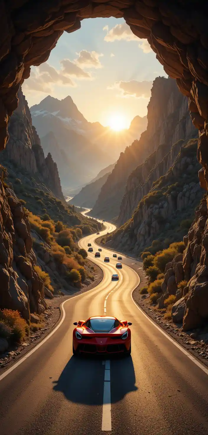 Sonnenaufgang auf Bergstraße mit Sportwagen, eingerahmt von Felsbögen