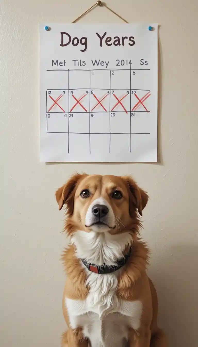 Perro de pie frente a un calendario de pared de años de perro