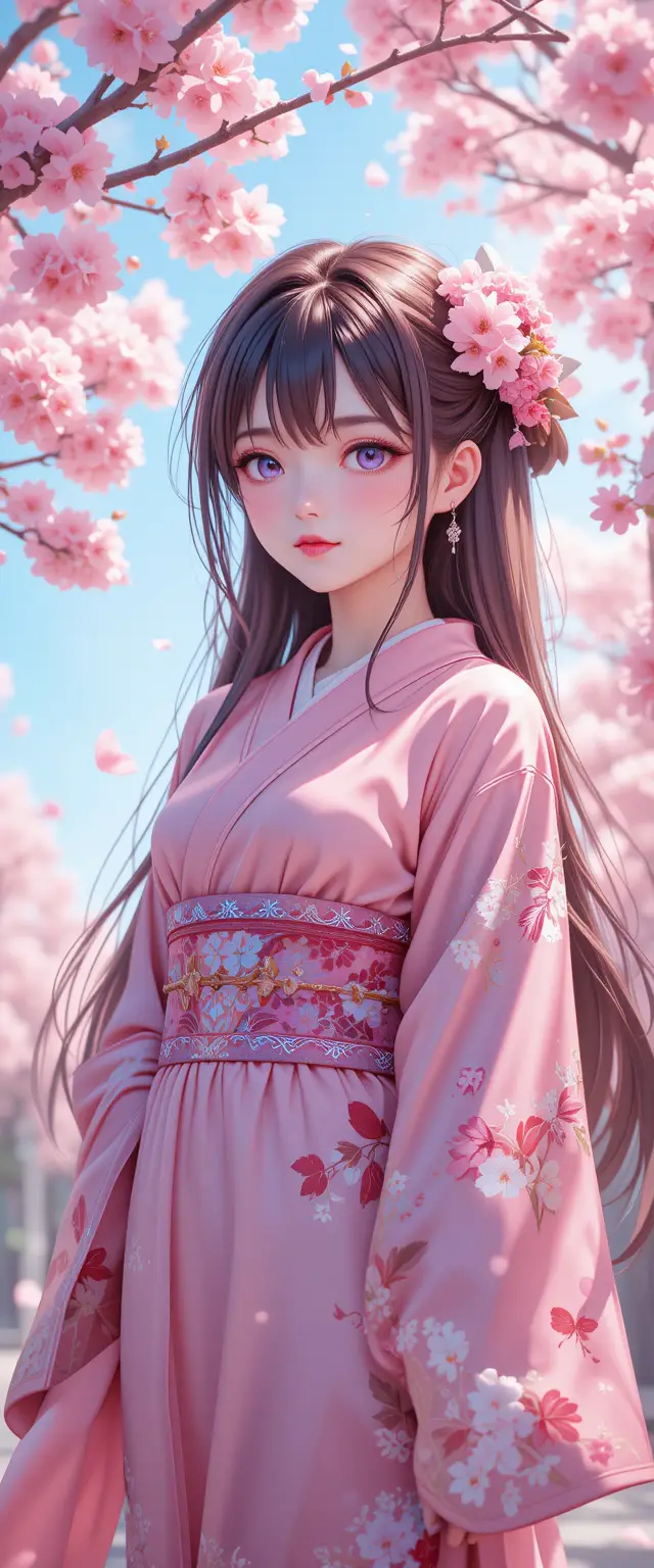 Femme d’anime en kimono rose sous un cerisier en fleurs