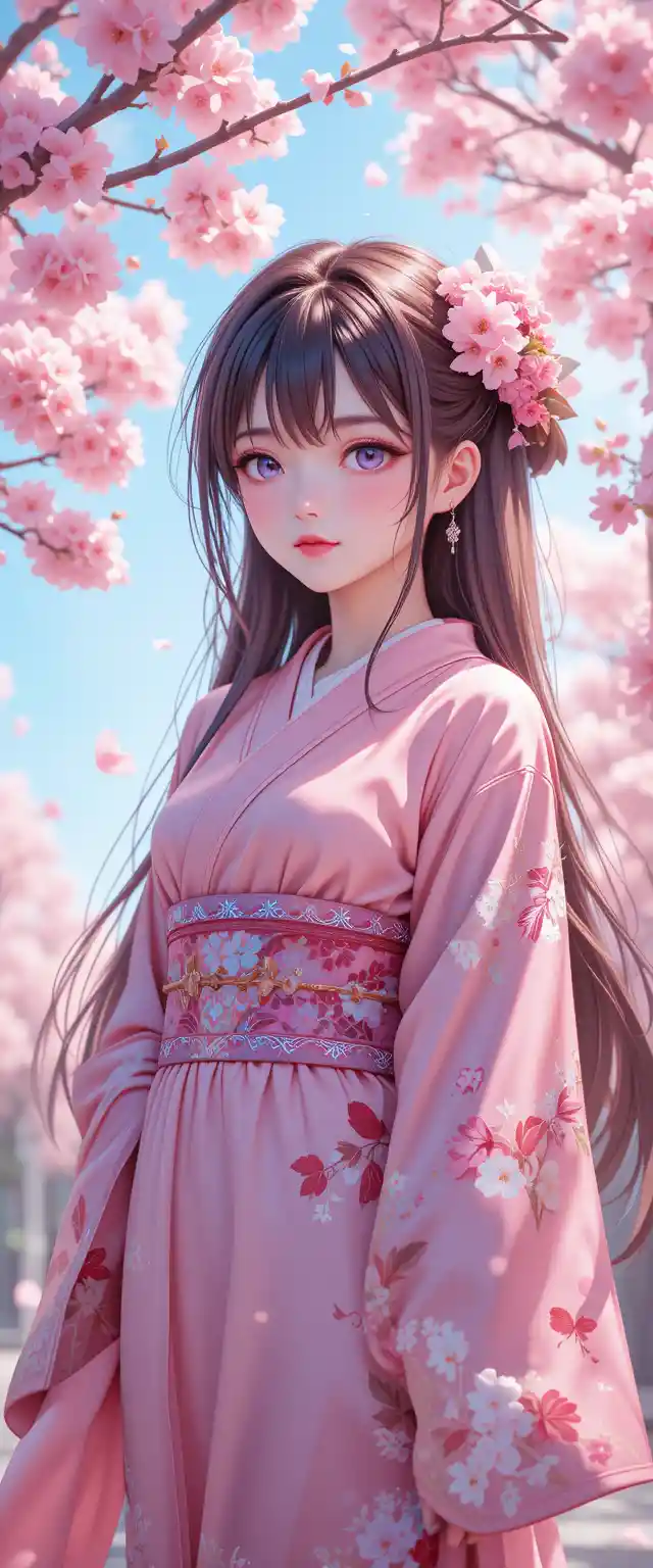 Anime woman under cherry blossom tree in pink kimono