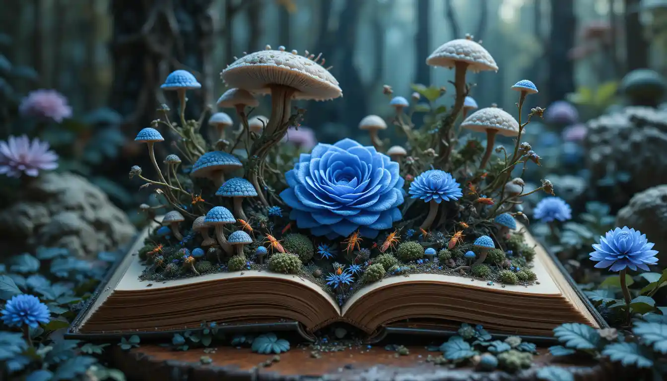 Libro aperto su un tavolo in una scena di fantasia surreale