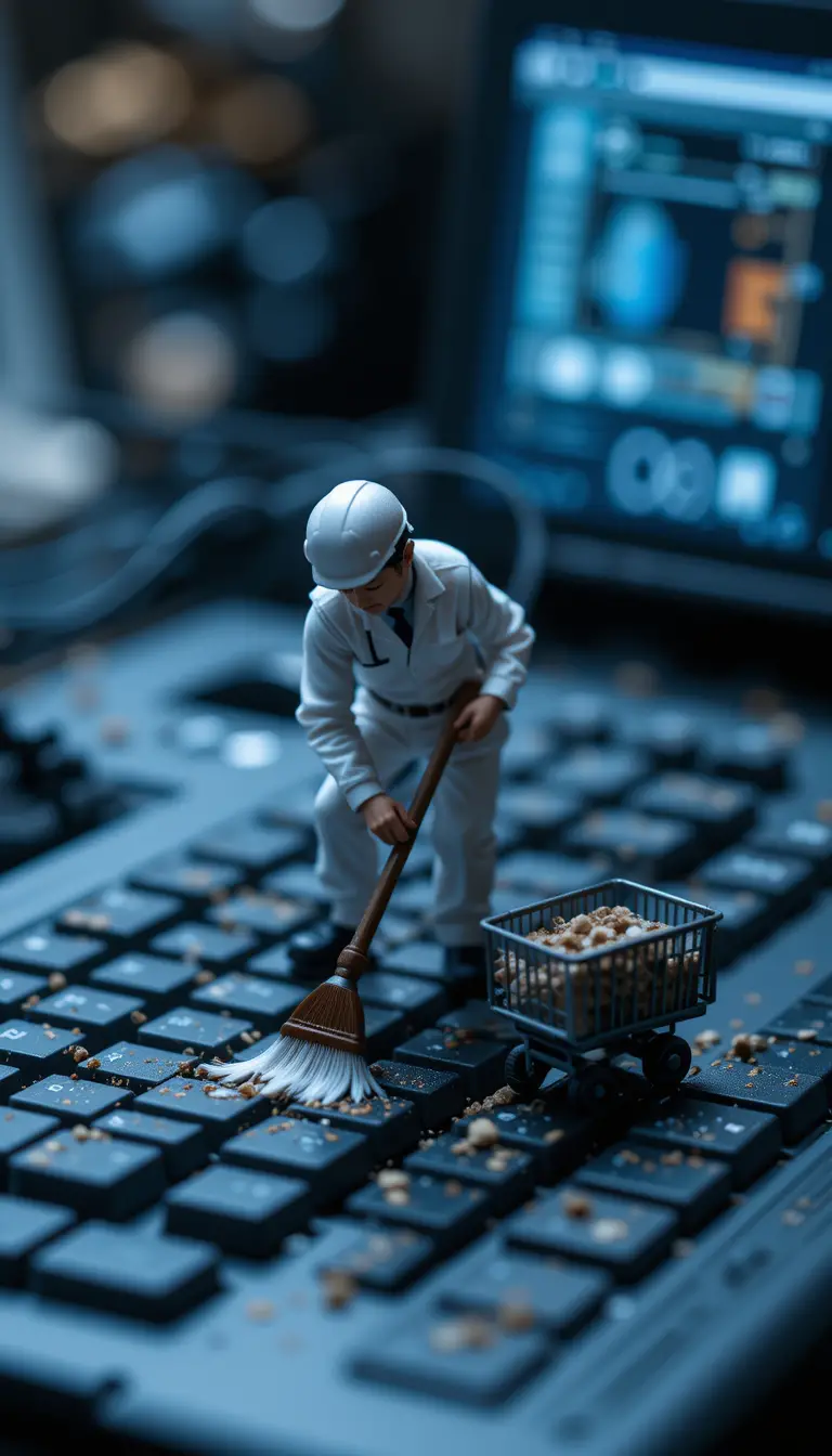 Winziger Nachtarbeiter, der Schmutz von einer Computertastatur entfernt