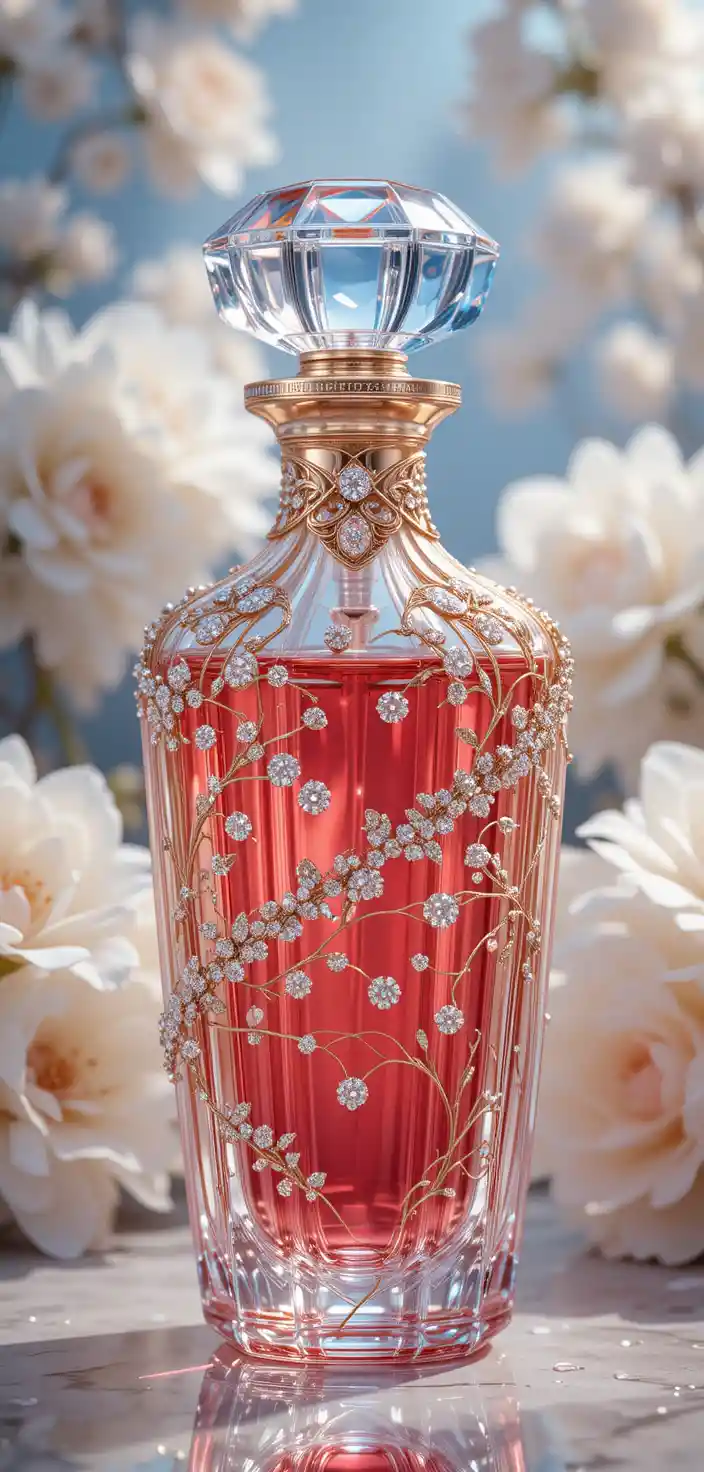 Frasco de perfume luxuoso de cristal com detalhes em ouro e gemas