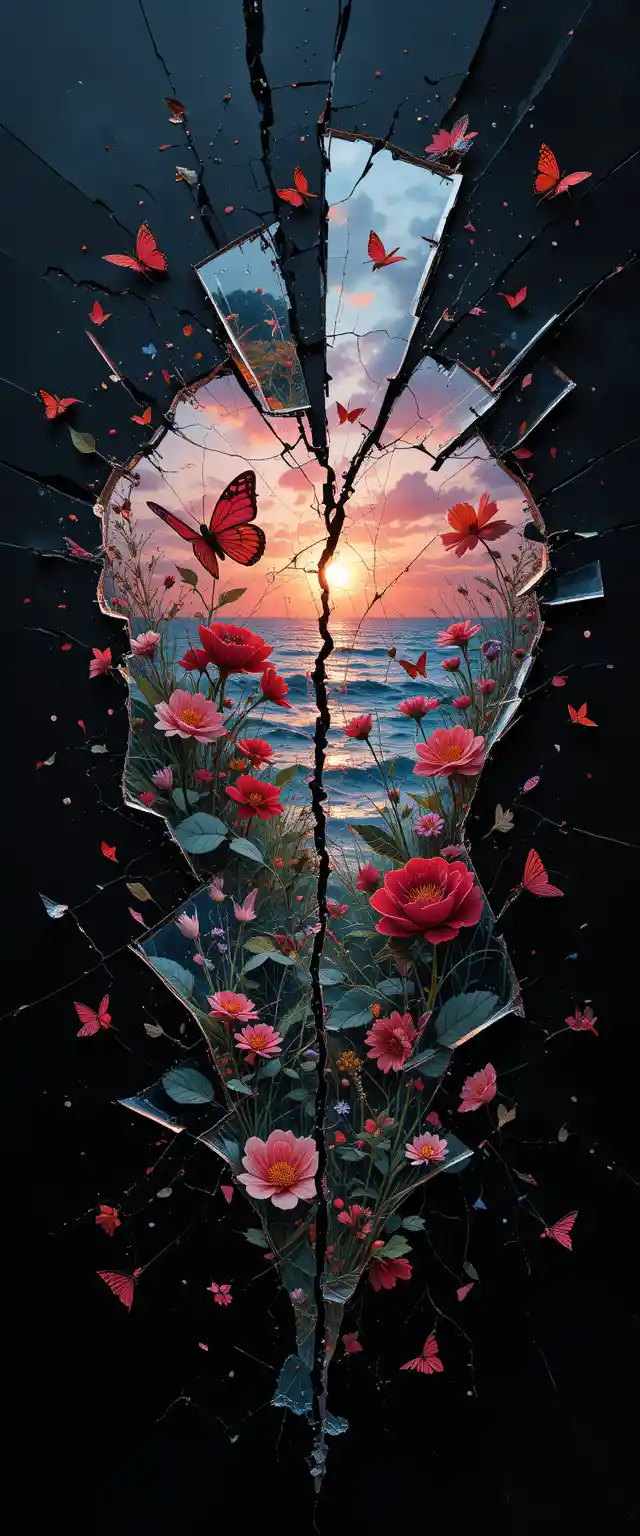 Doppia esposizione di uno specchio rotto con cuori e natura