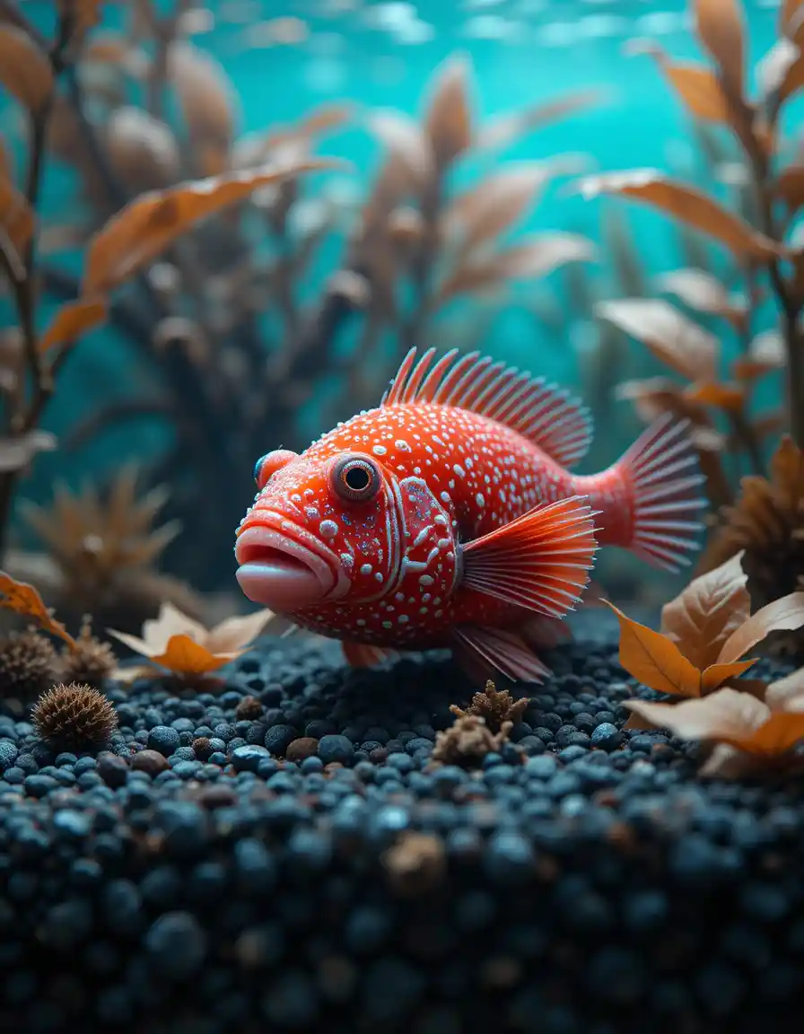 Pesce palla rosso che riposa sulla ghiaia scura dell’acquario