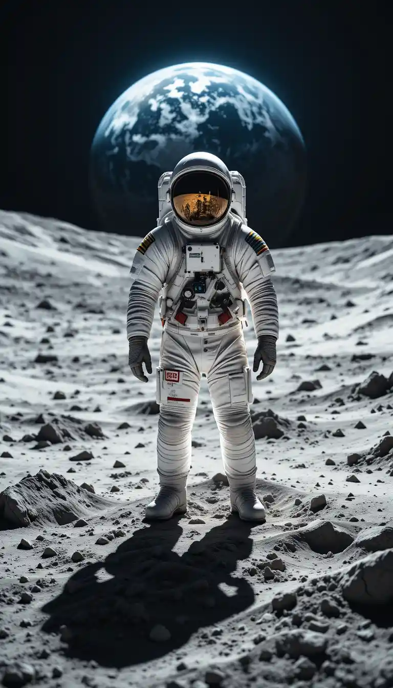 Astronaut steht auf dem Mond mit Blick auf die Erde