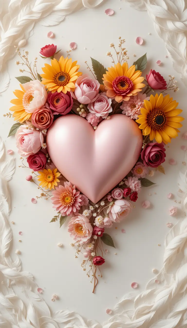 Cœur 3D entouré de fleurs romantiques et colorées