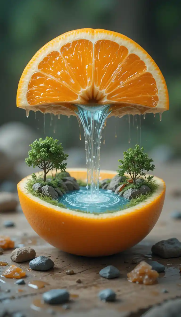 Paesaggio surreale arancione con cascata e alberi in miniatura