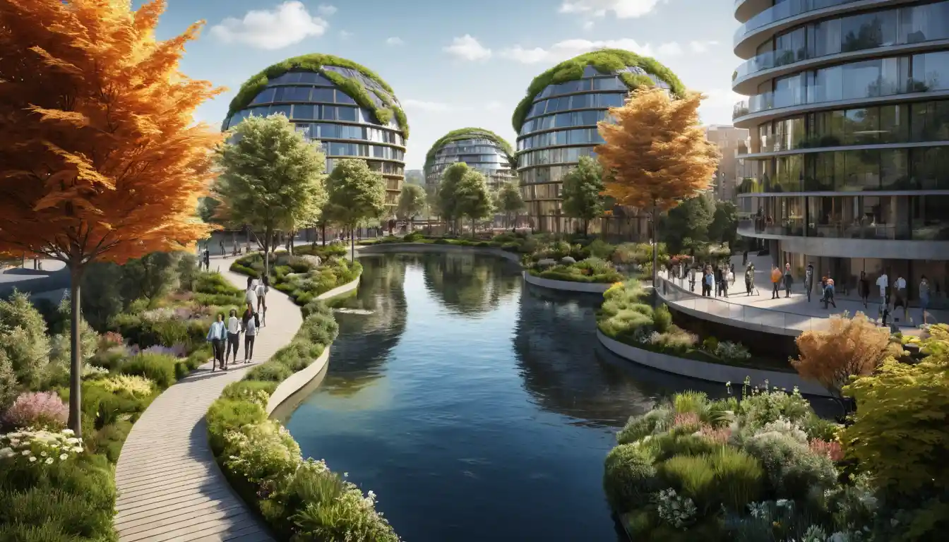 Città circolare futuristica con parco al tramonto e fiume