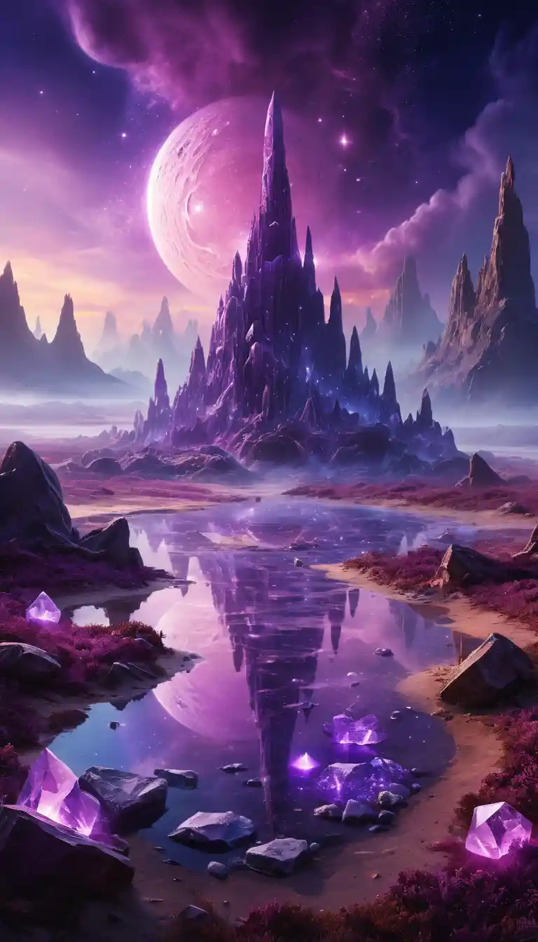 Mystische violette Kristalllandschaft unter einem Dämmerungshimmel