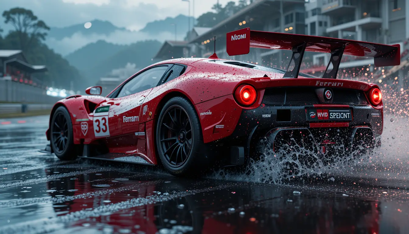 Primo piano 3D cinematografico di auto da corsa Ferrari in pista