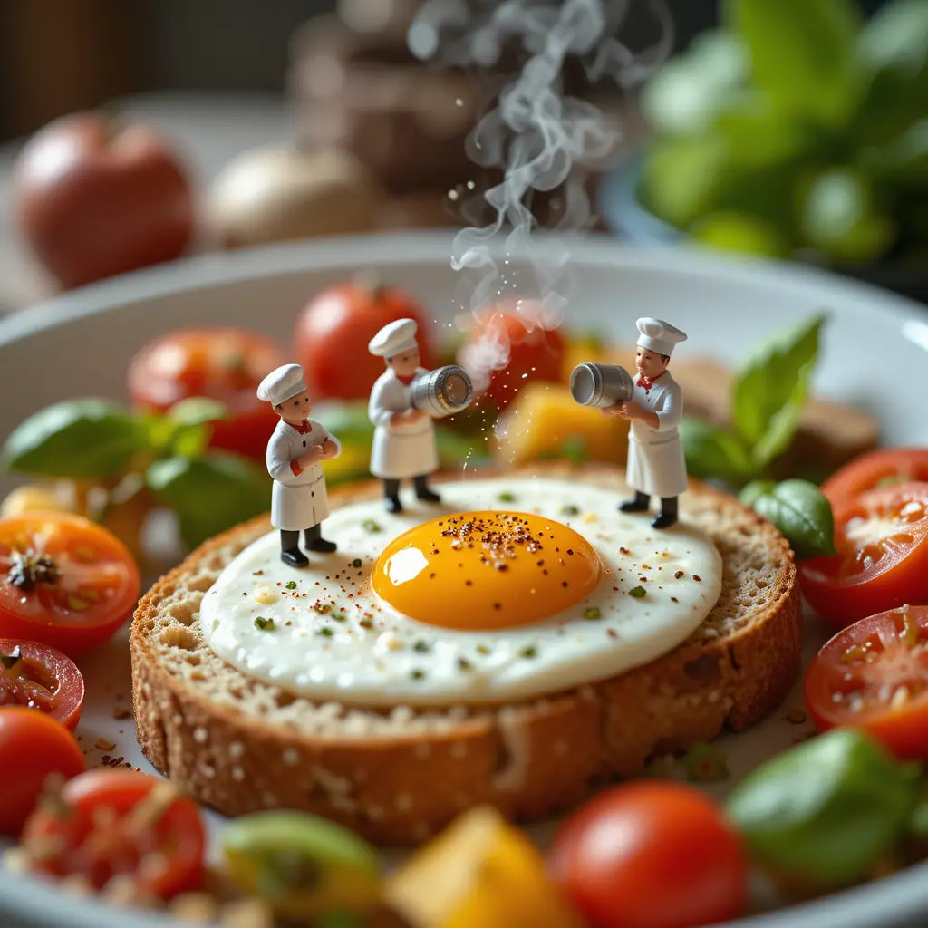 Winzige Köche kochen auf rustikalem Brot mit Spiegelei
