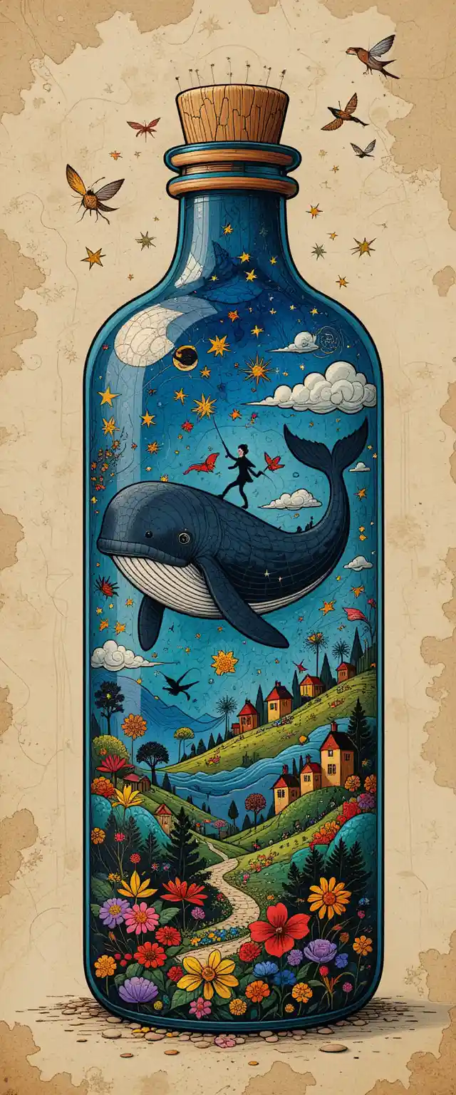 Naive cartoon whale in a bottle above fantasy sea