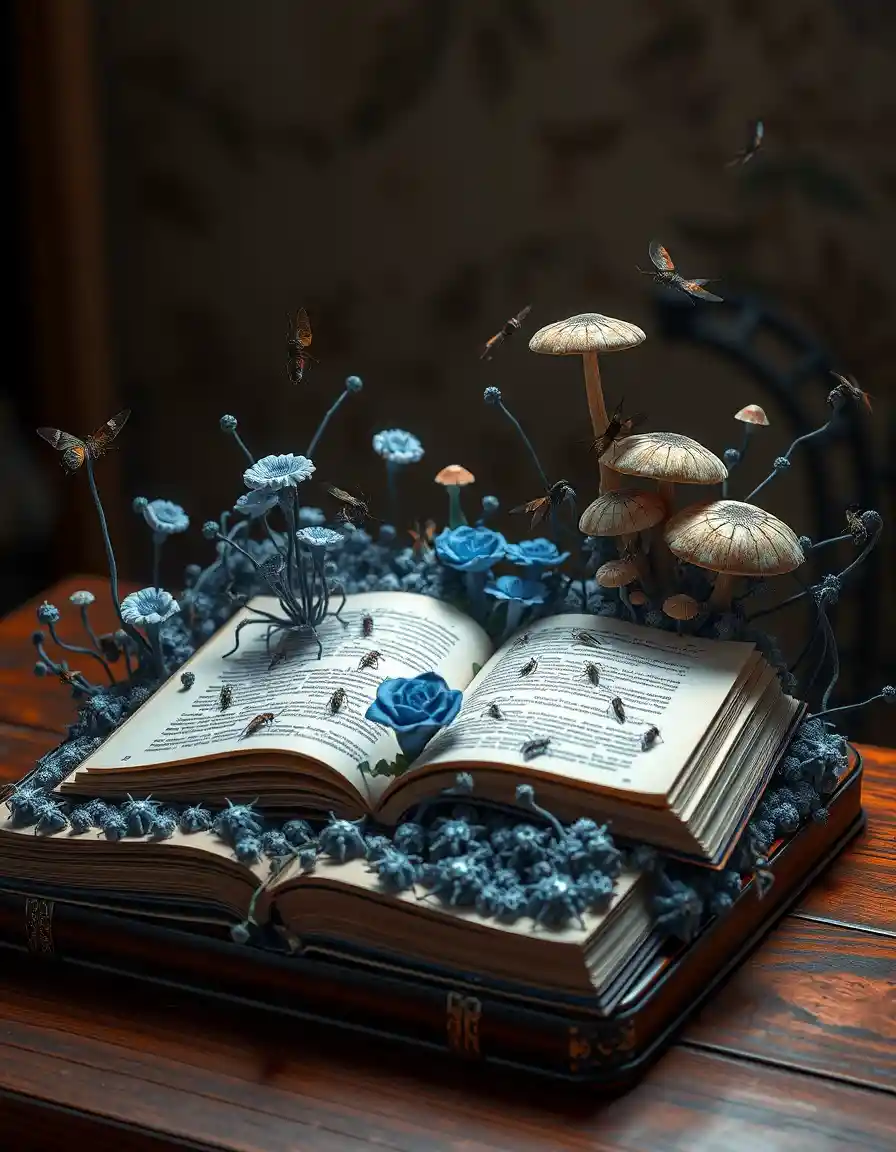 Open book on a table in a surreal alien forest