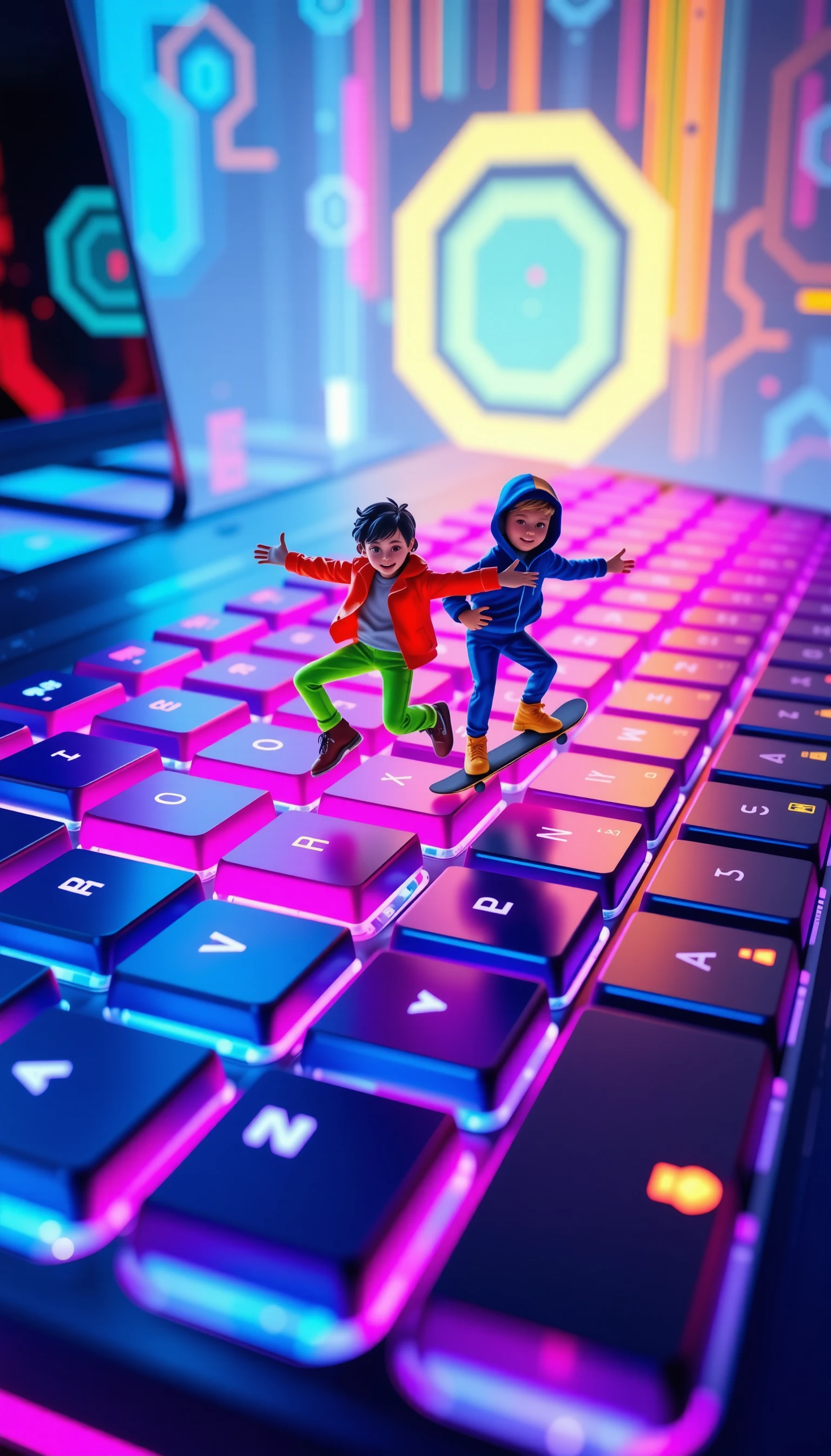 Miniature people playing on a giant neon keyboard