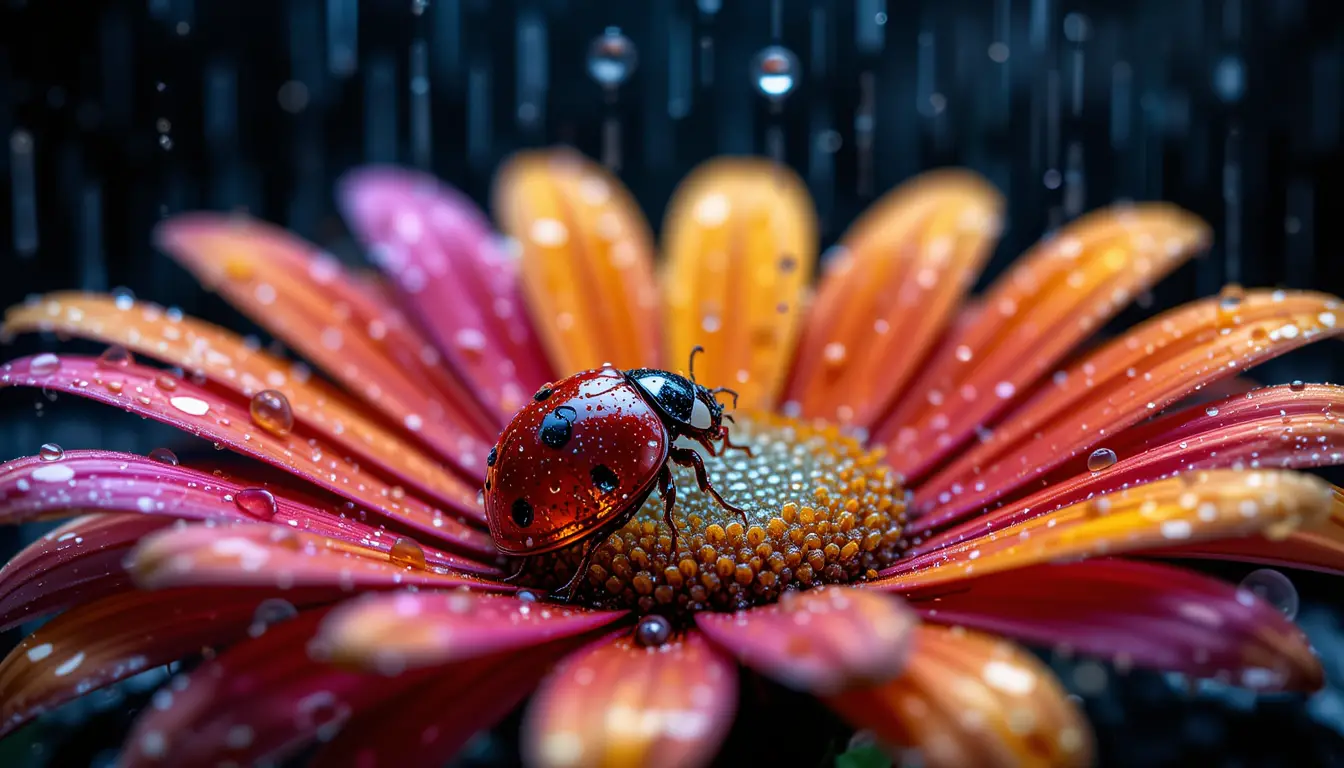 雨中彩色雛菊下的水晶瓢蟲