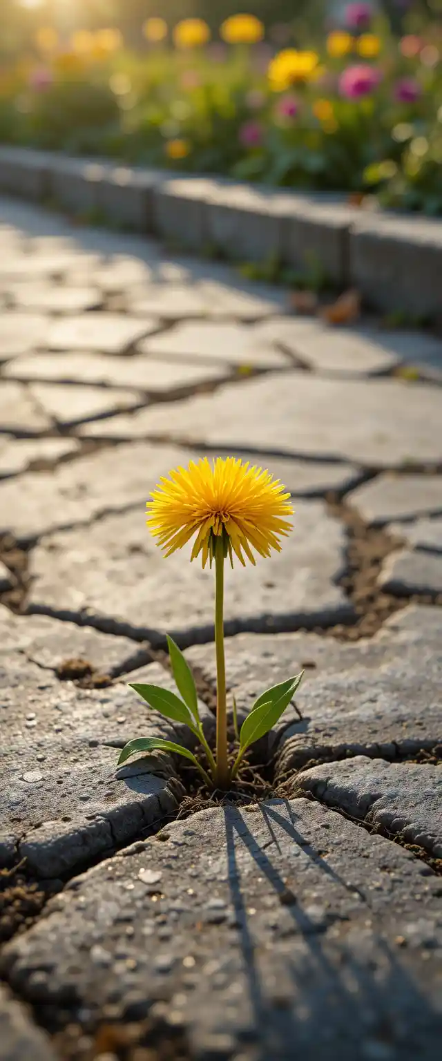 Dandelion Emerging From Cracked Pavement In Warm Light