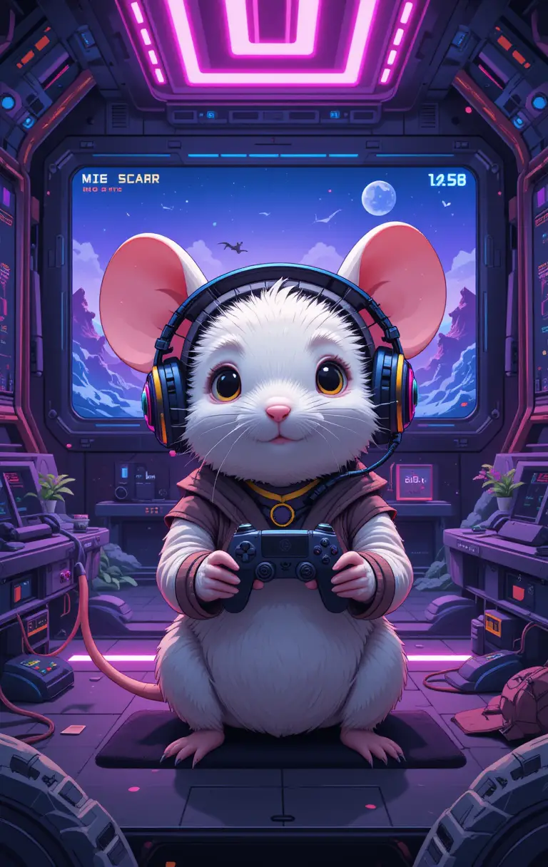 Niedliche Gaming-Maus in einer neonfarbenen virtuellen Welt – Illustration