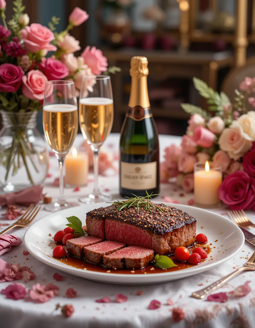 Dîner romantique steak et champagne avec décoration florale de table