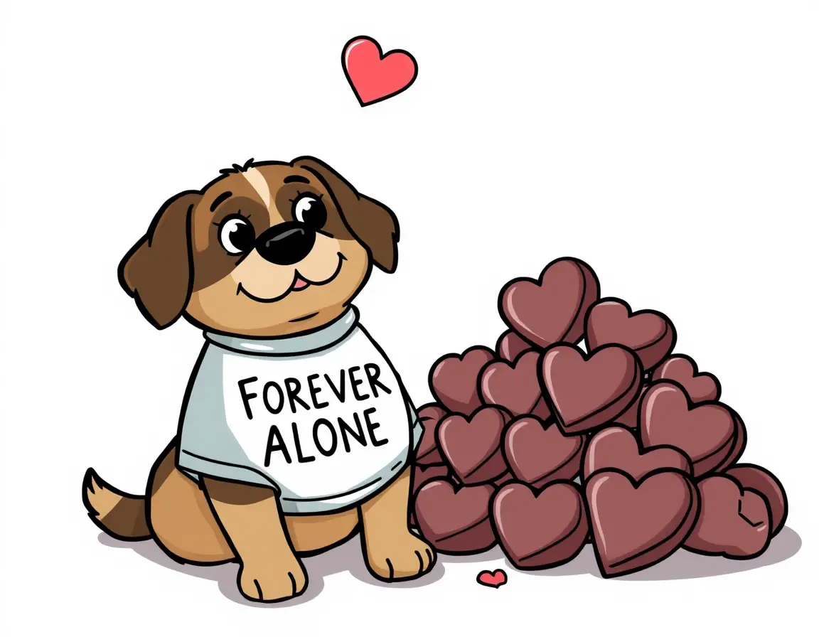 穿著「Forever Alone」上衣拿著巧克力的孤單卡通狗