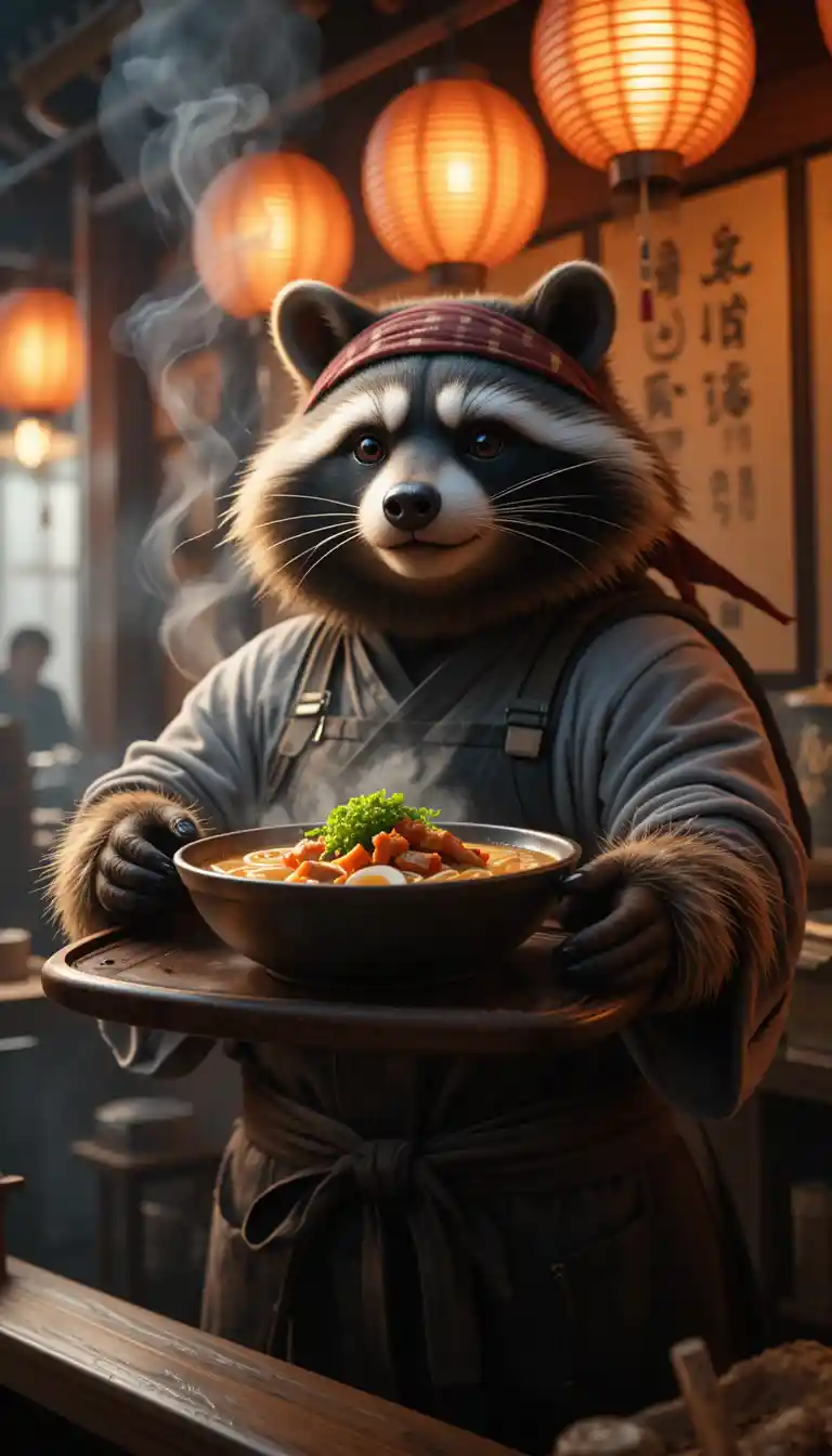 湯気立つ一杯を差し出す擬人化クマのラーメン屋