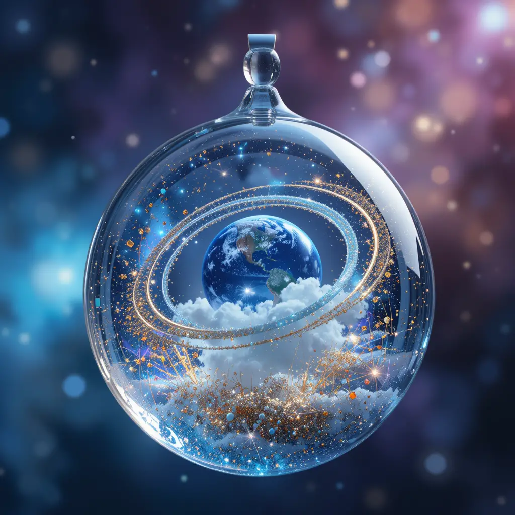 Glasanhänger mit Miniatur-Blauem Planeten und Weltraumumlaufbahnen