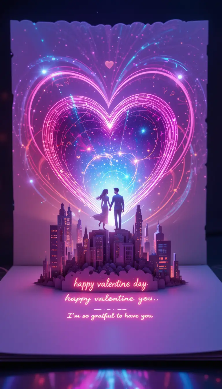 Holographic Heart Valentines Card With Cosmic Neon Design