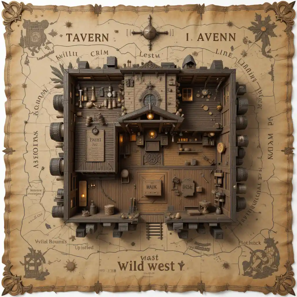 Mapa 3D em visão superior de interior de taverna e estalagem do velho oeste