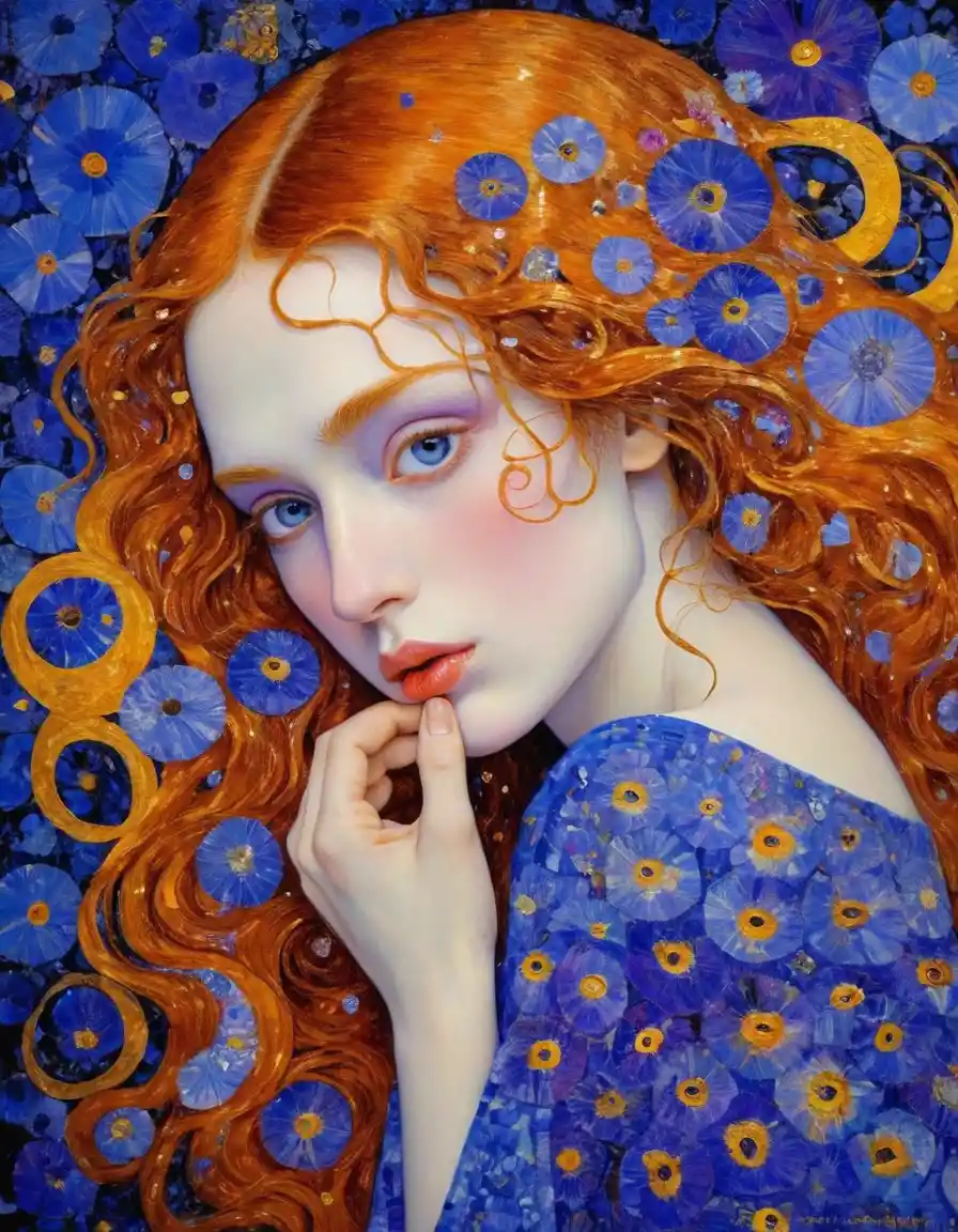 Passionate girl portrait in mixed media klimt inspired style