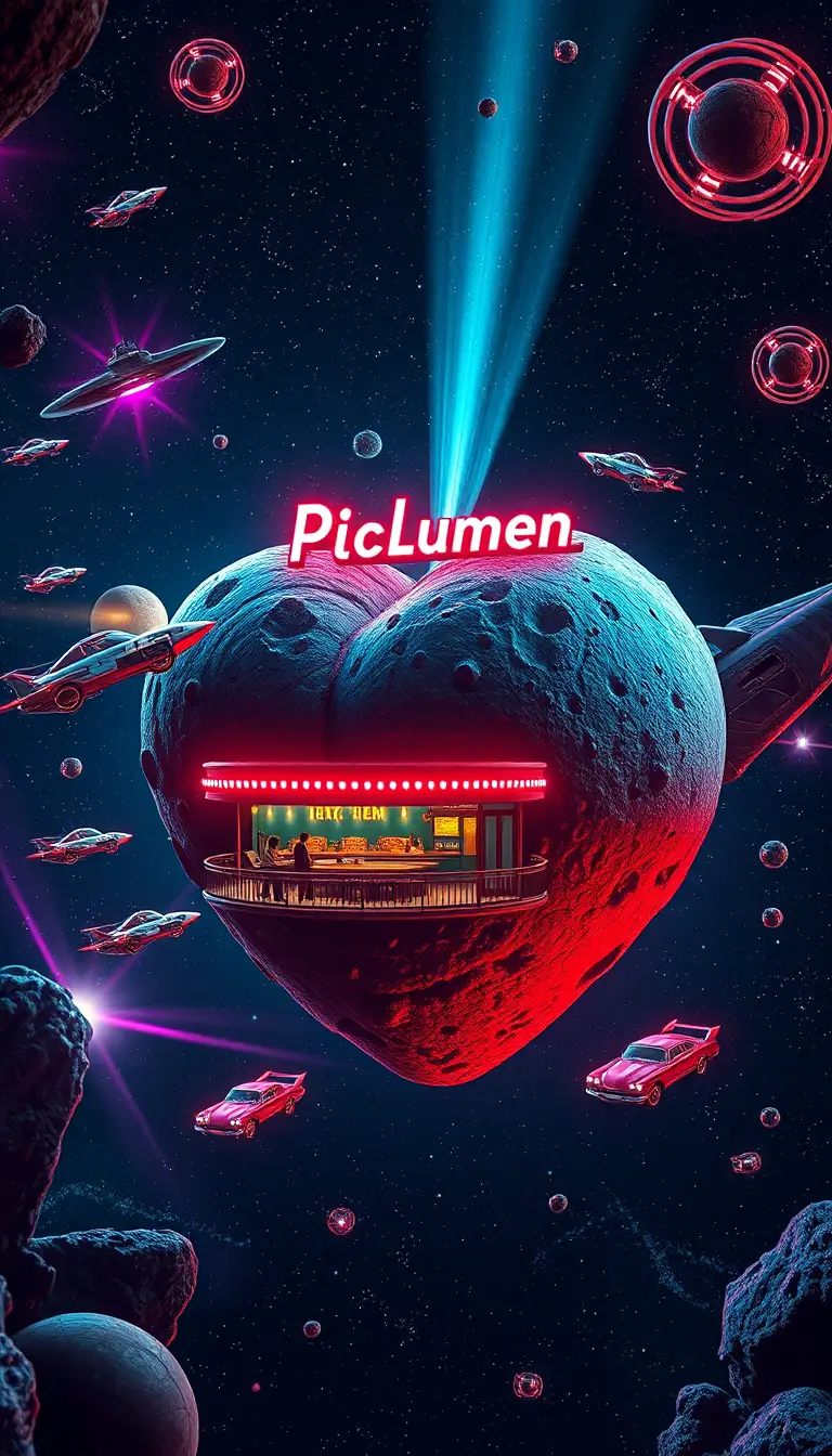 Retro-Sci-Fi-Restaurant auf herzförmigem Asteroiden im Weltraum