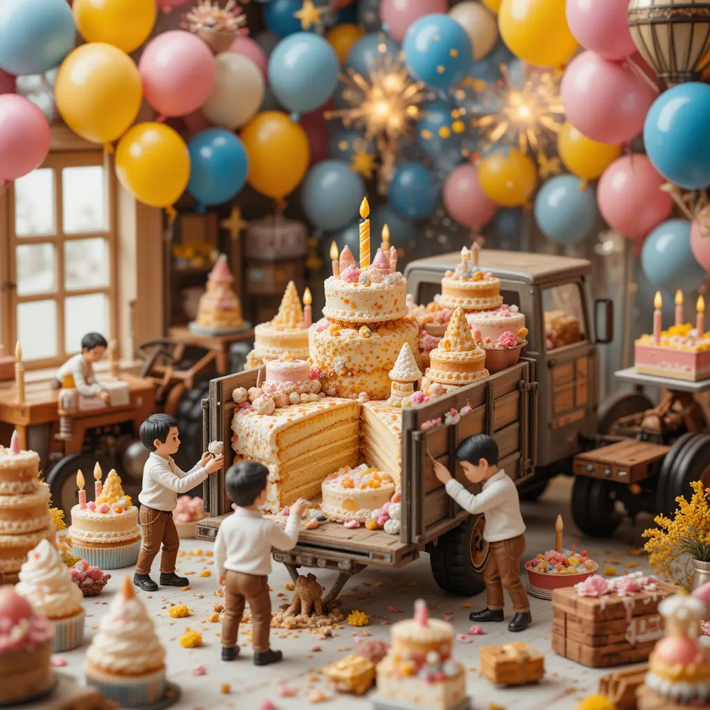 Sala per festa di compleanno piena di palloncini e torta