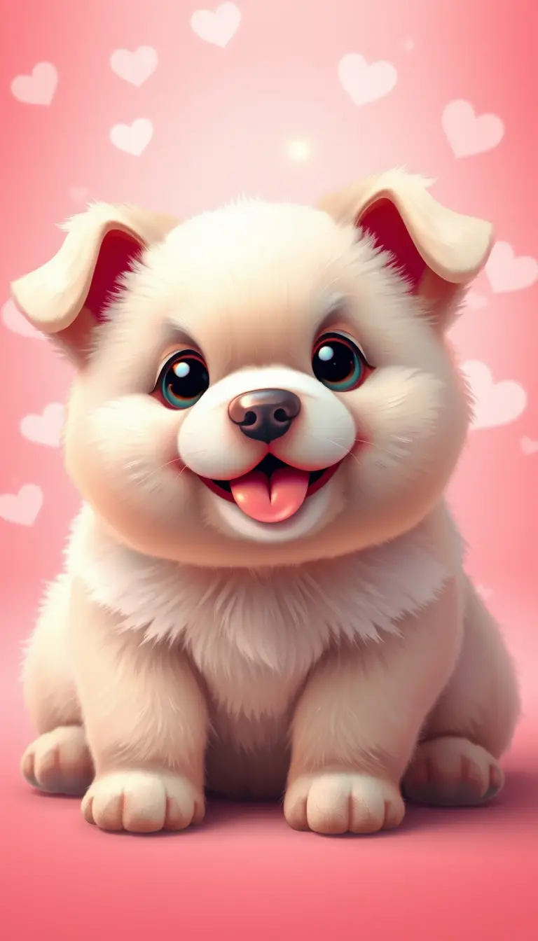 ハートときらめきが散りばめられたぽっちゃり子犬のかわいいイラスト