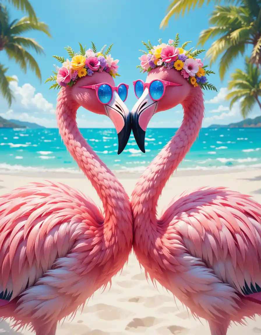 Due fenicotteri che formano un cuore sulla spiaggia