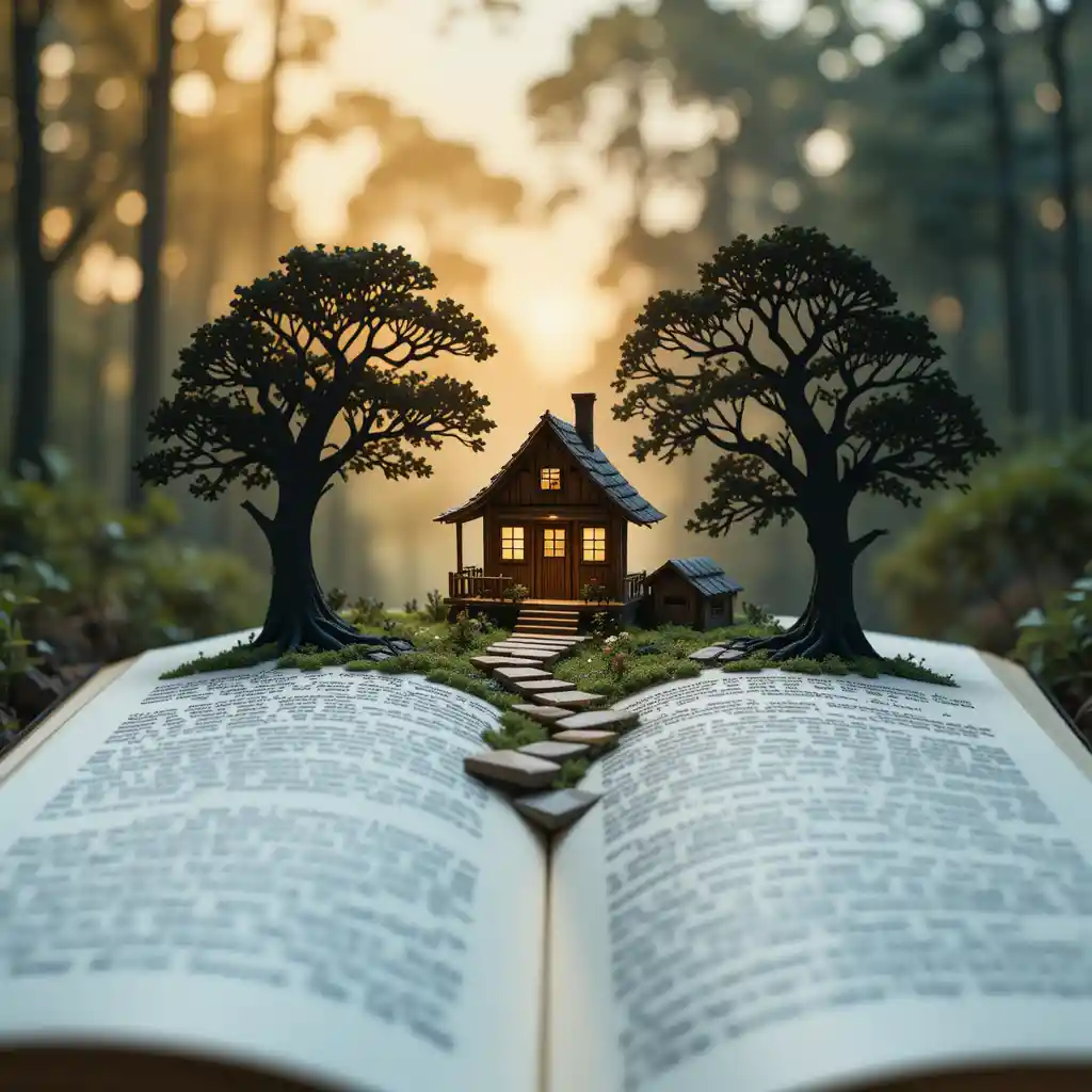 Accogliente casa di legno che emerge da un libro di fiabe aperto