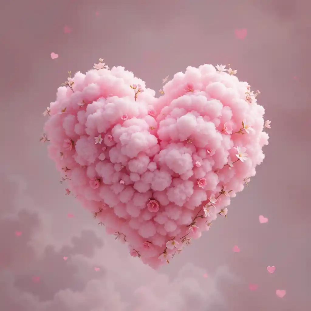 Romantic pink heart illustration with delicate white flowers