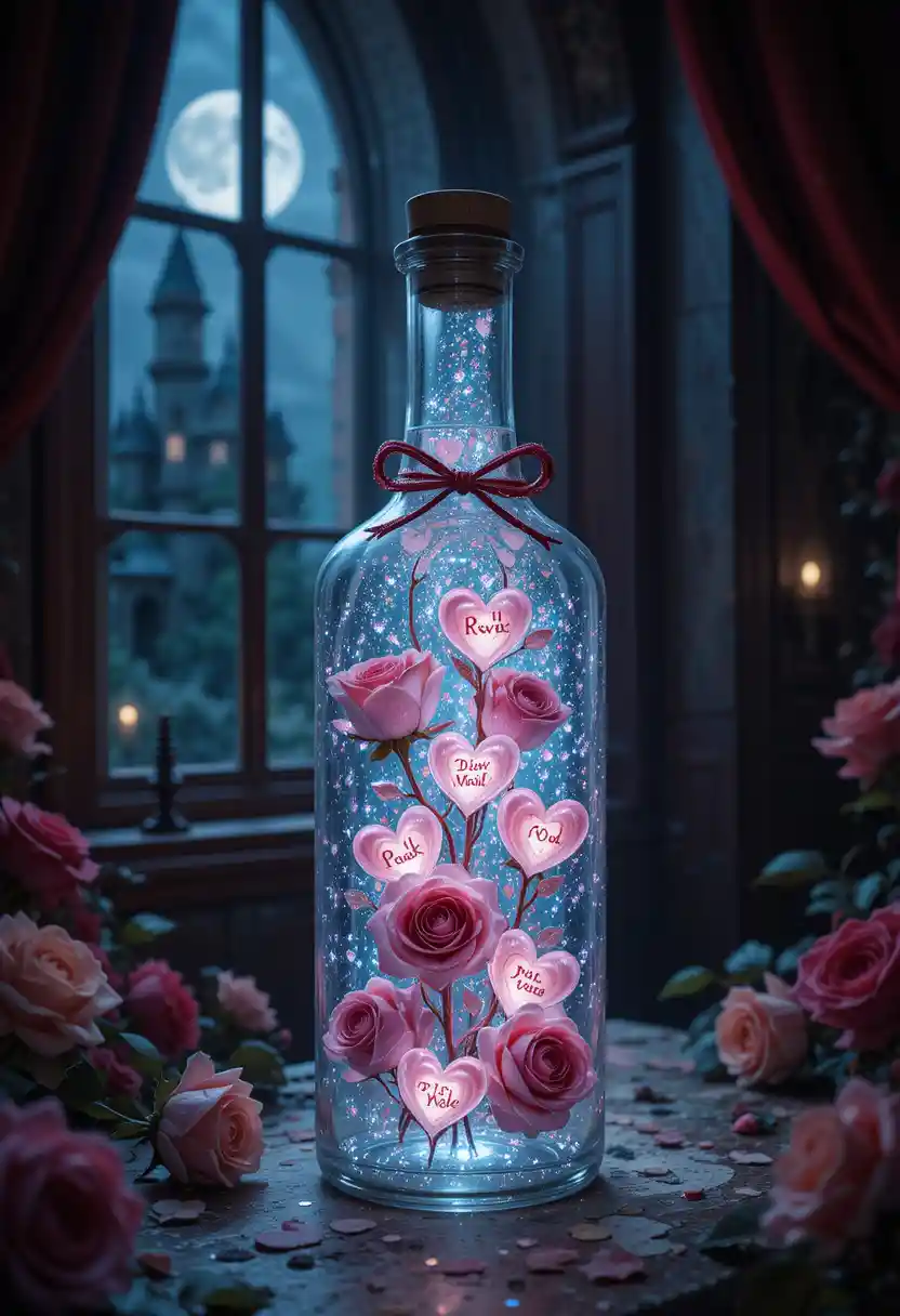 Leuchtende Herzflasche im Mondlicht in einem Fantasieschloss