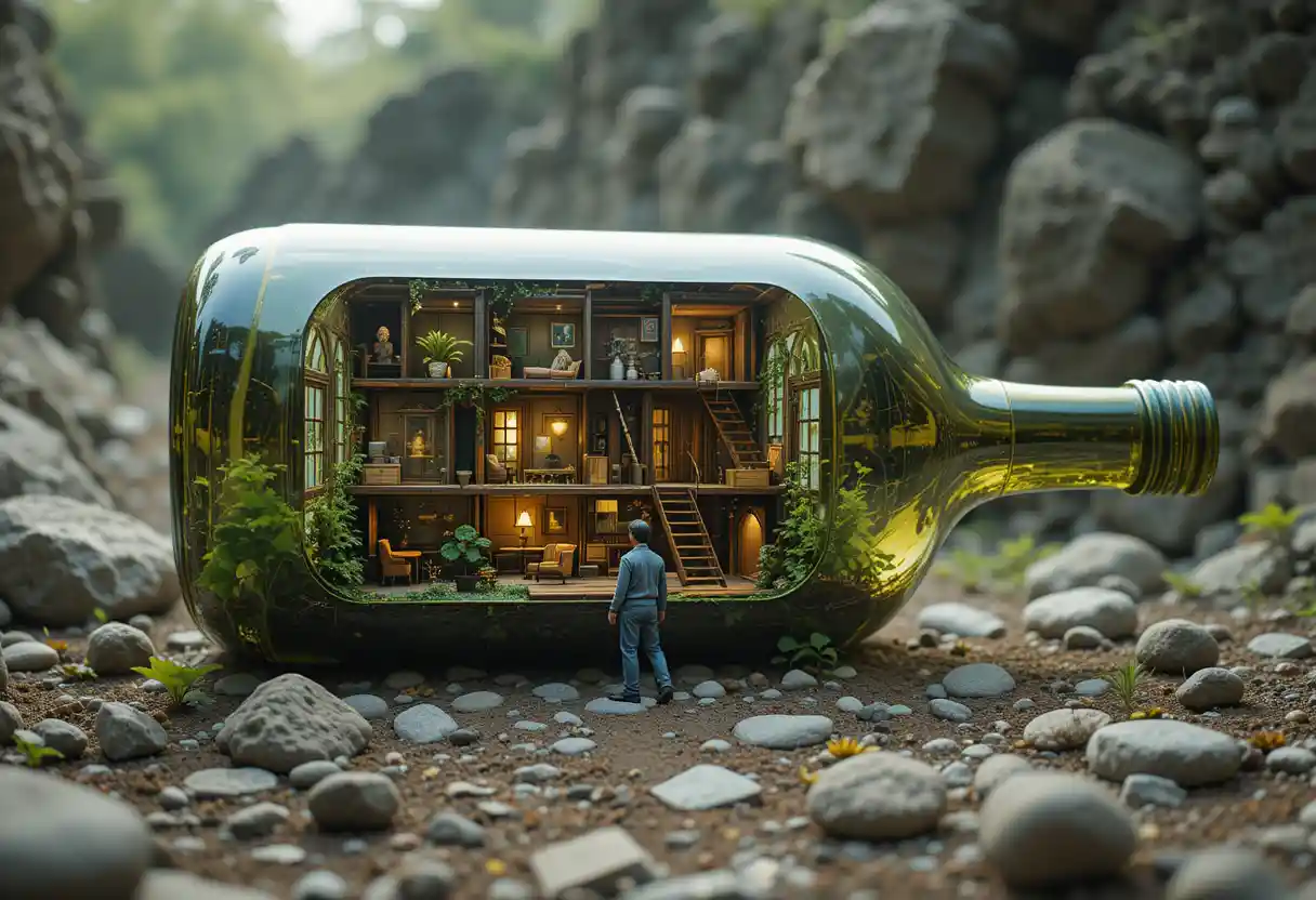 Miniaturhaus in einer aufgeschnittenen transparenten Flasche