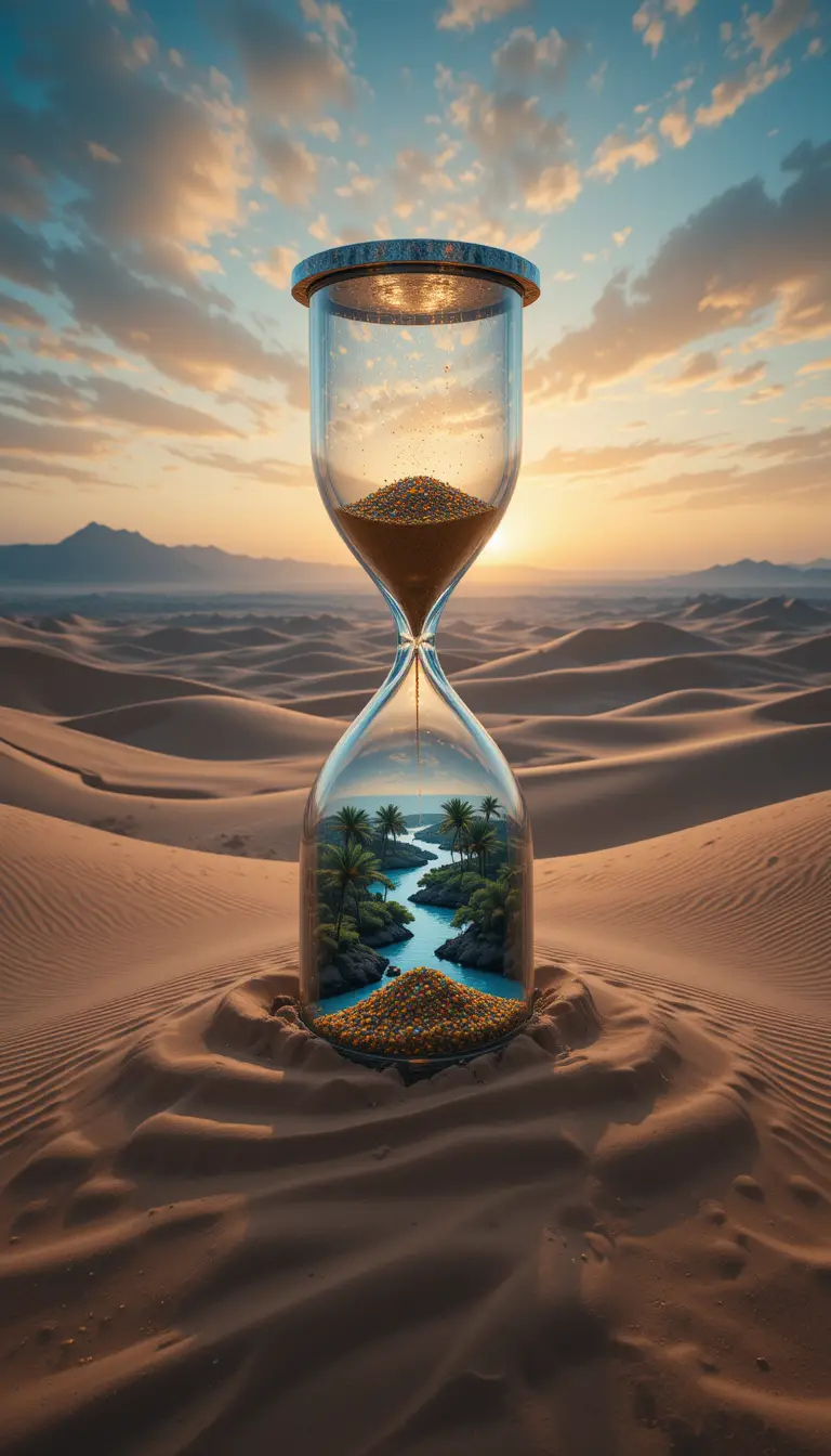 Clessidra di cristallo surreale che fluttua sopra un’oasi nel deserto