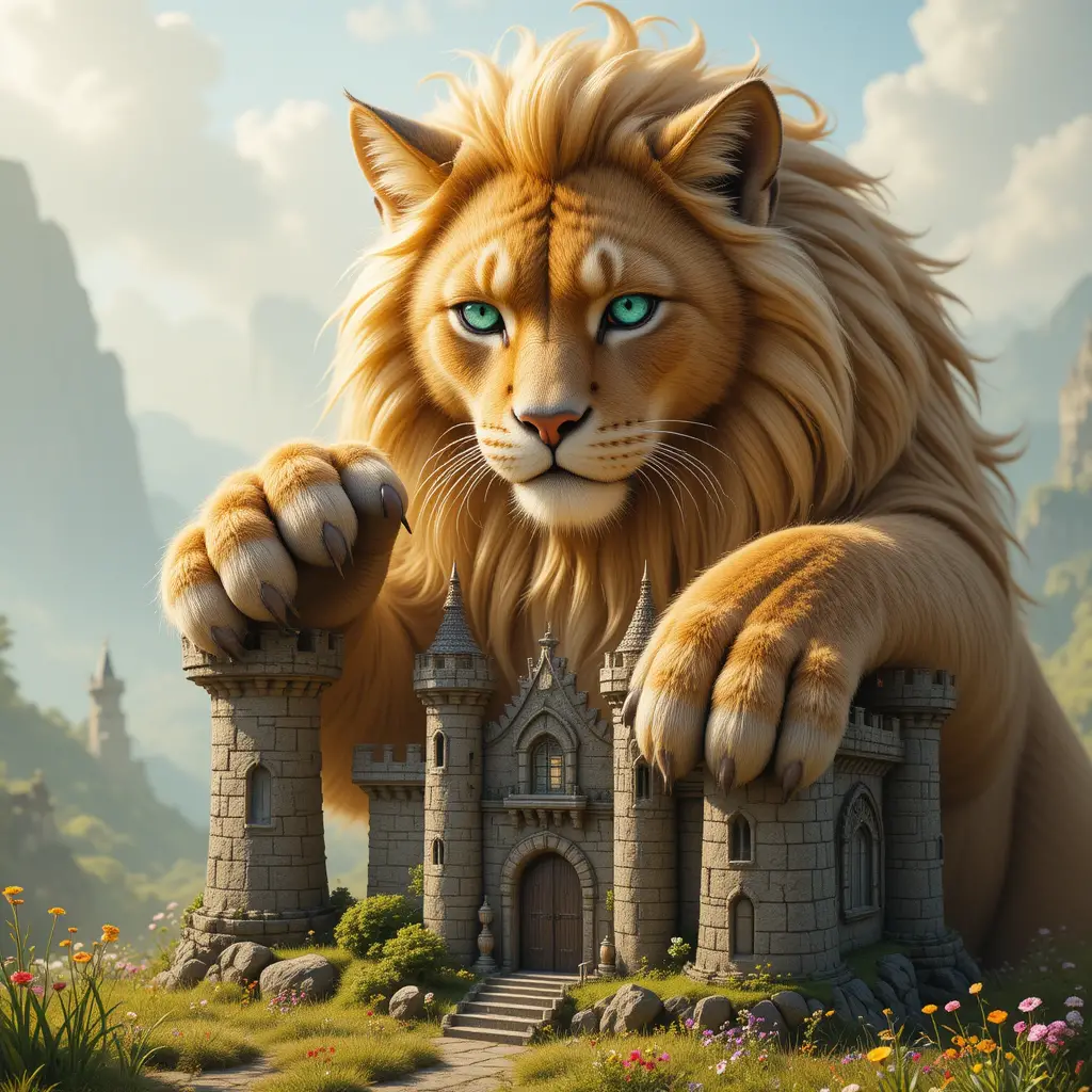 Gatto gigante dorato che svetta su un minuscolo castello di pietra