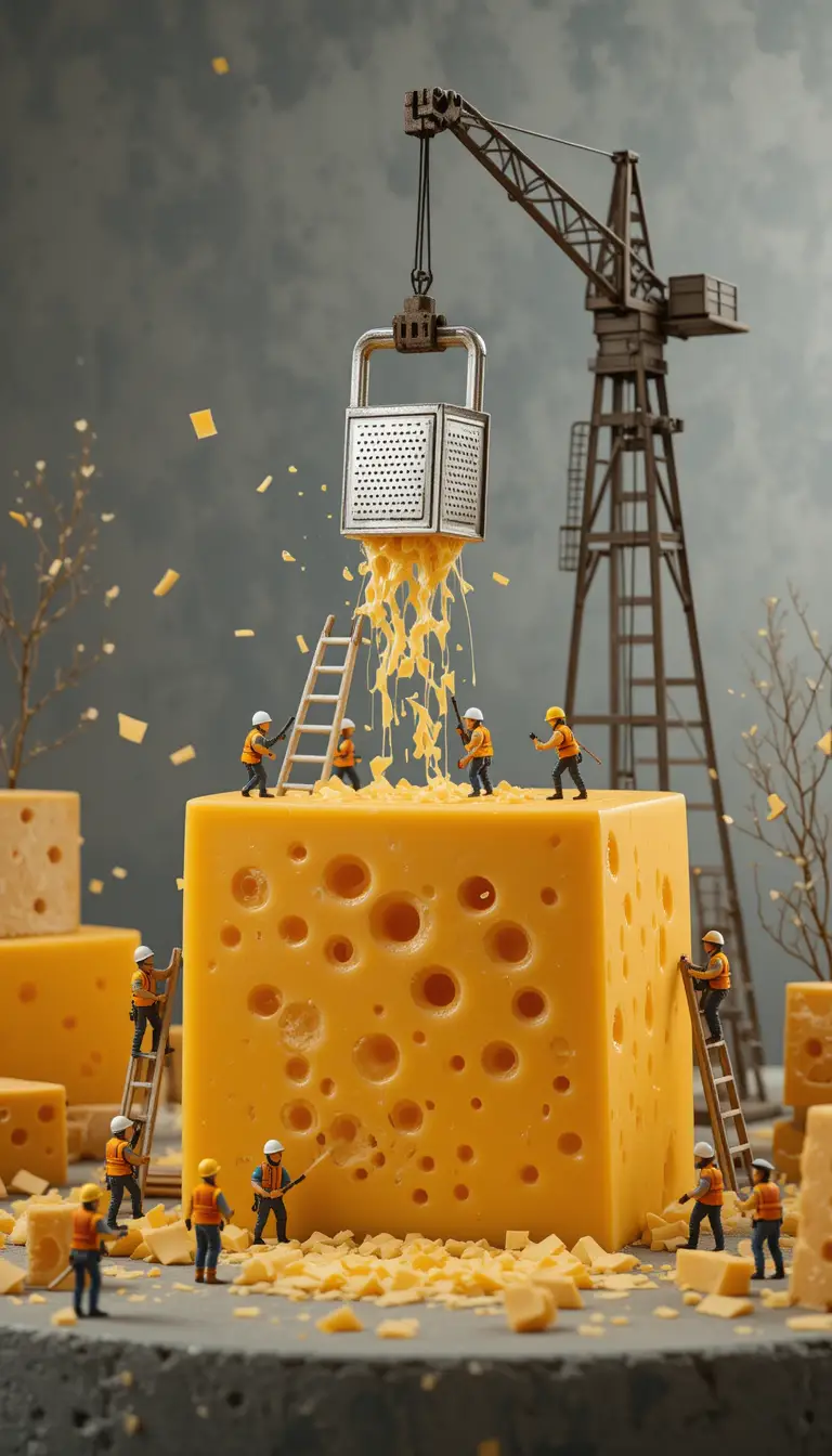 Lavoratori in miniatura che realizzano un enorme blocco di formaggio svizzero