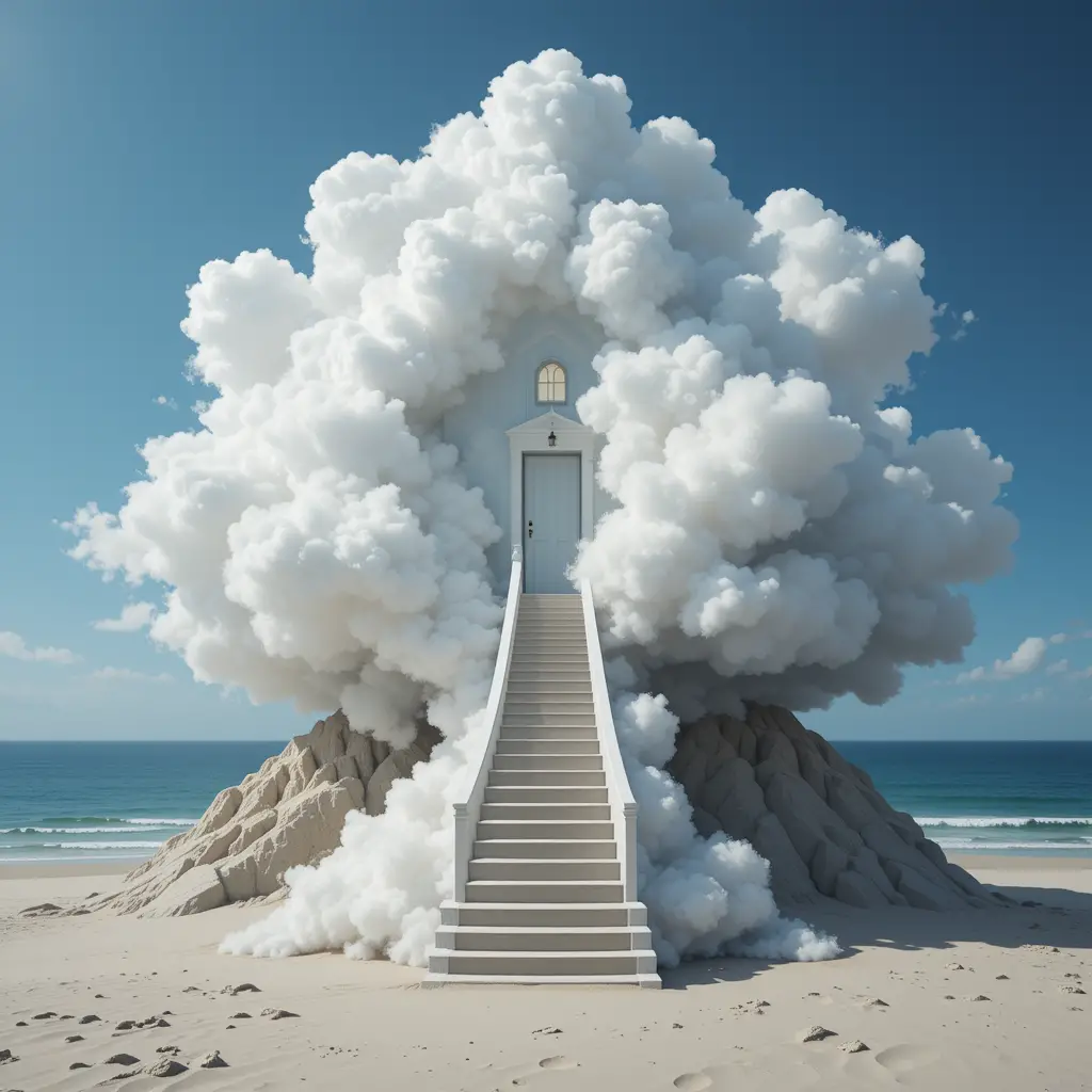 Scala di una Casa tra le Nuvole Surreale che Porta a una Spiaggia Tranquilla
