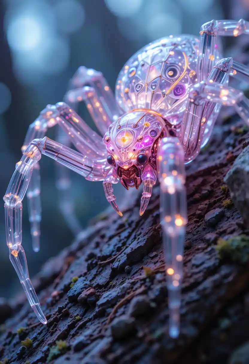 Ragno cibernetico al neon su albero in luminoso primo piano