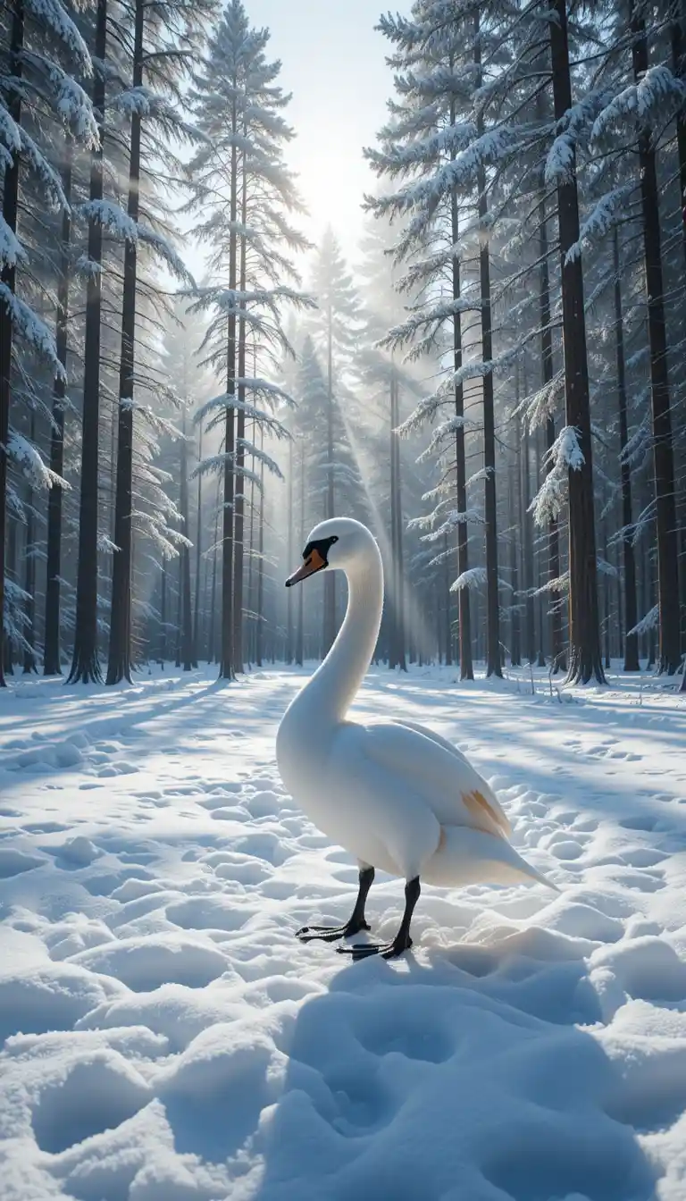 Whooper swan standing alone in a snowy finnish forest