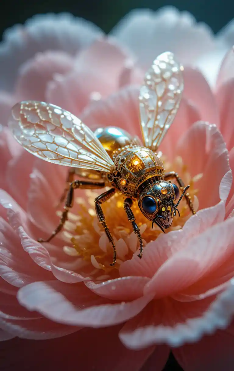 Nahaufnahme einer 3D-Biene auf Blume mit leuchtenden Lichtern