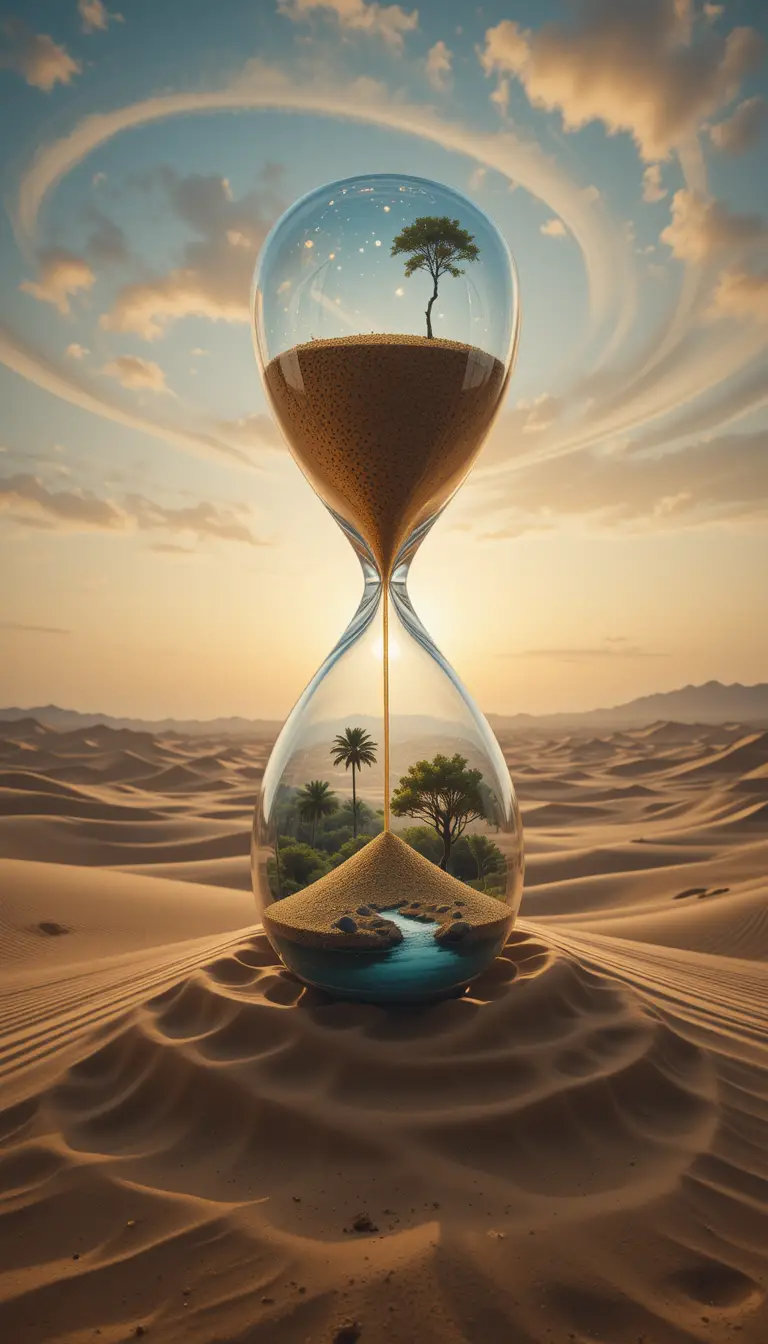 Clessidra di cristallo surreale che fluttua sopra un’oasi nel deserto